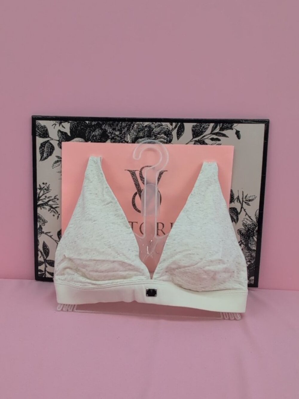 Victoria Secret Cotton Logo Hardware Wireless Plunge Bra Medium Heather Natural